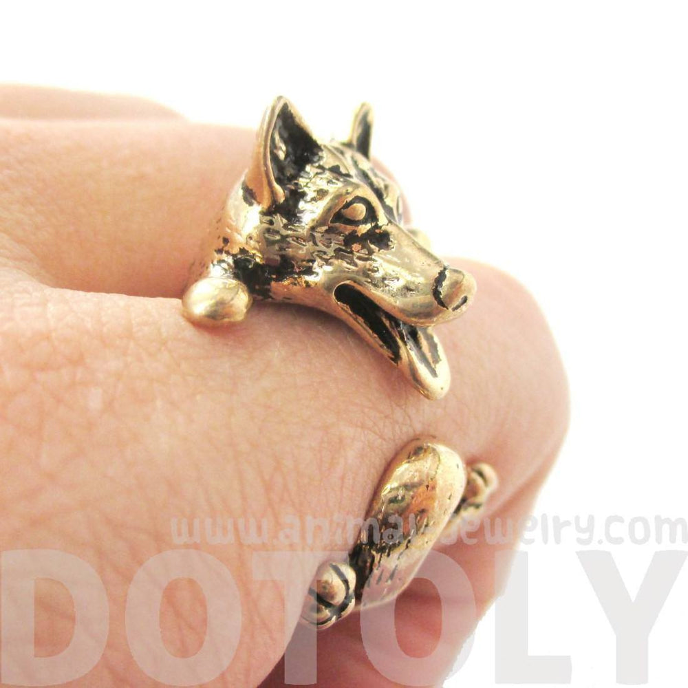 3D Siberian Husky Dog Shaped Animal Wrap Ring in Shiny Gold | Sizes 6 to 9 | DOTOLY