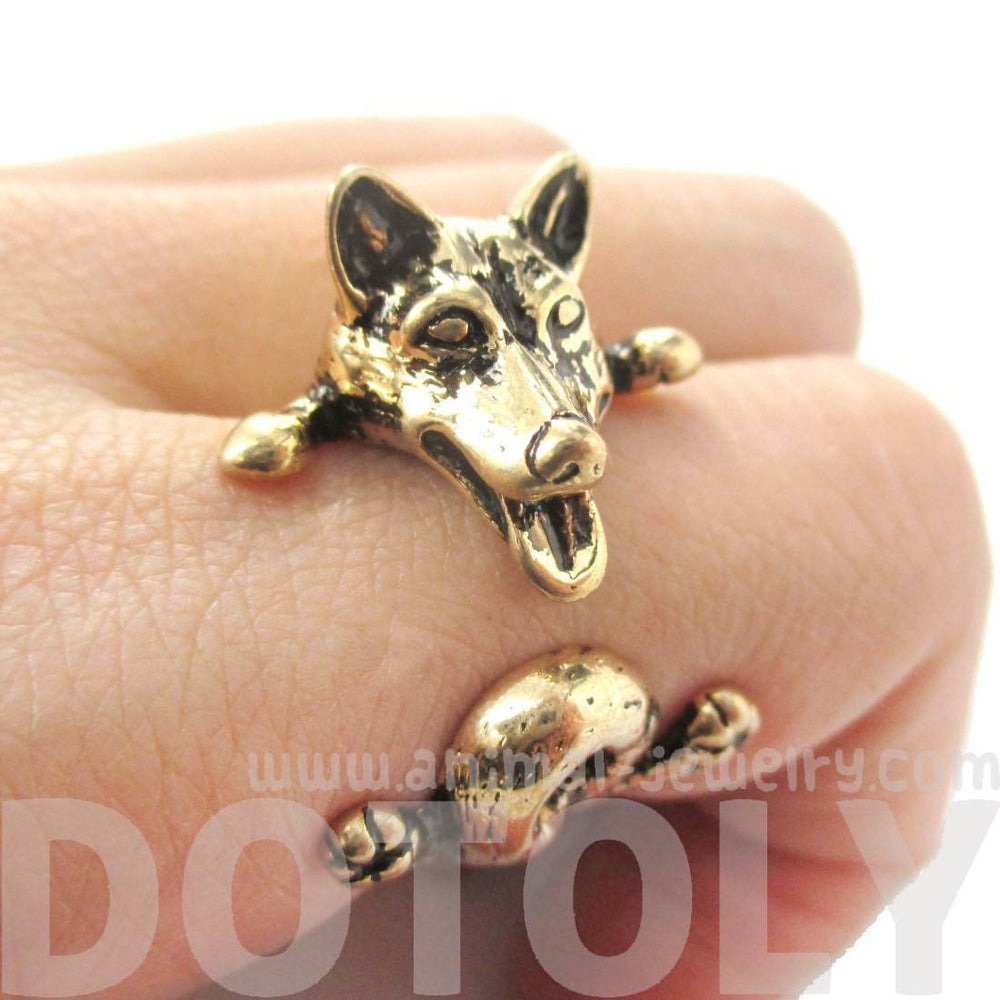 3D Siberian Husky Dog Shaped Animal Wrap Ring in Shiny Gold | Sizes 6 to 9 | DOTOLY