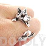 3D Siberian Husky Dog Shaped Animal Wrap Ring in Shiny Silver | Sizes 6 to 9 | DOTOLY