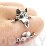 3D Siberian Husky Dog Shaped Animal Wrap Ring in Shiny Silver | Sizes 6 to 9 | DOTOLY