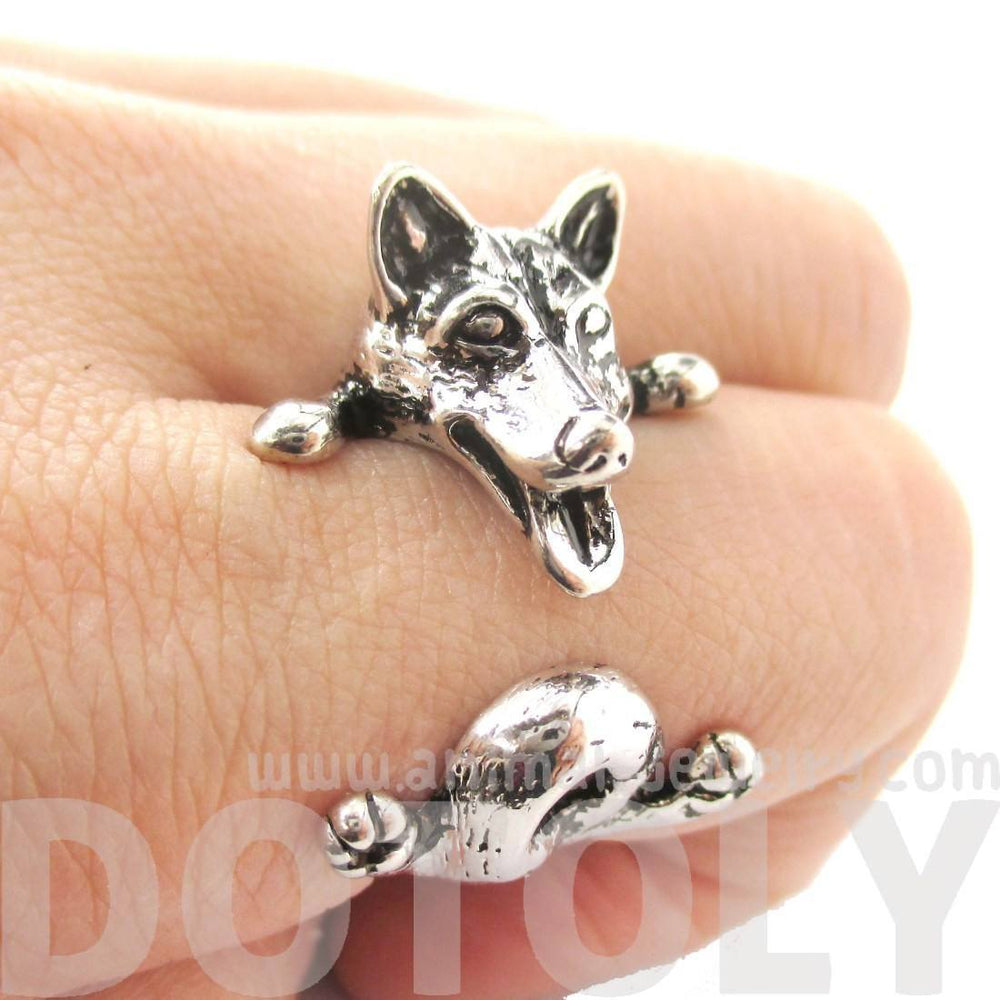 3D Siberian Husky Dog Shaped Animal Wrap Ring in Shiny Silver | Sizes 6 to 9 | DOTOLY