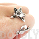 3D Siberian Husky Dog Shaped Animal Wrap Ring in Shiny Silver | Sizes 6 to 9 | DOTOLY