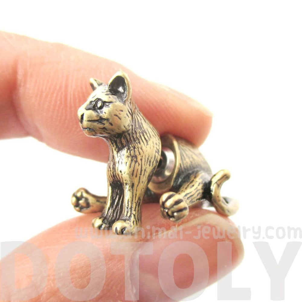 3D Sitting Kitty Cat Shaped Two Part Front and Back Stud Earrings in Brass | DOTOLY | DOTOLY