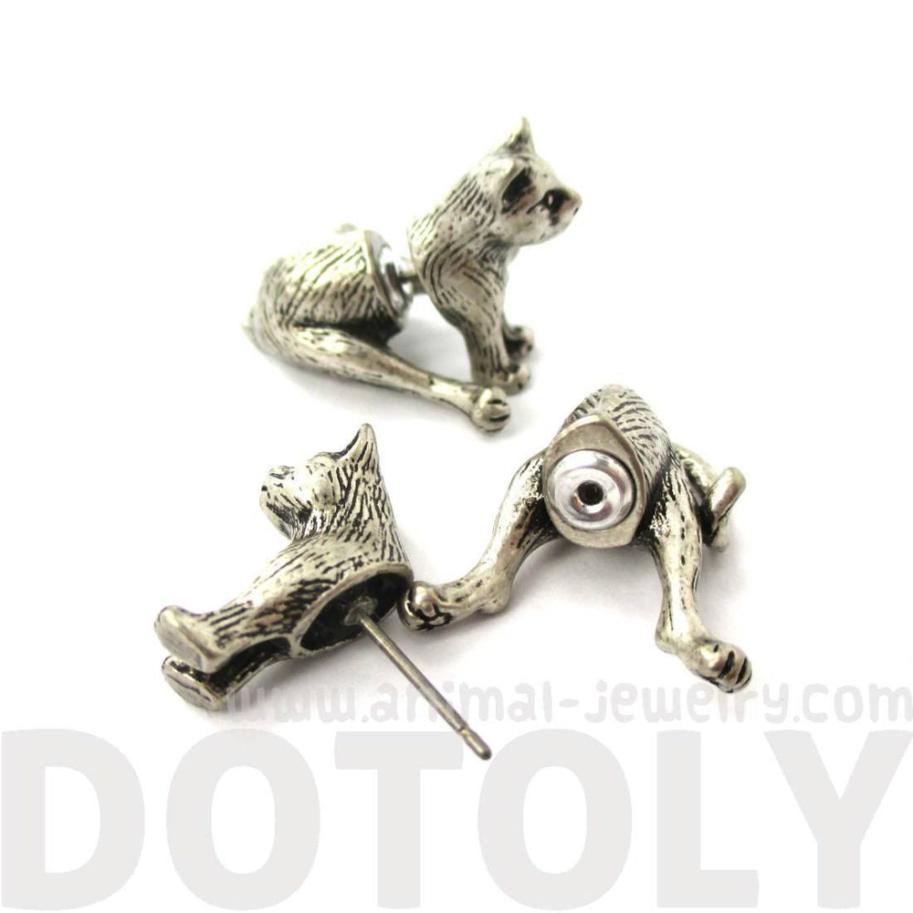 3D Sitting Kitty Cat Shaped Two Part Front and Back Stud Earrings in Silver | DOTOLY | DOTOLY