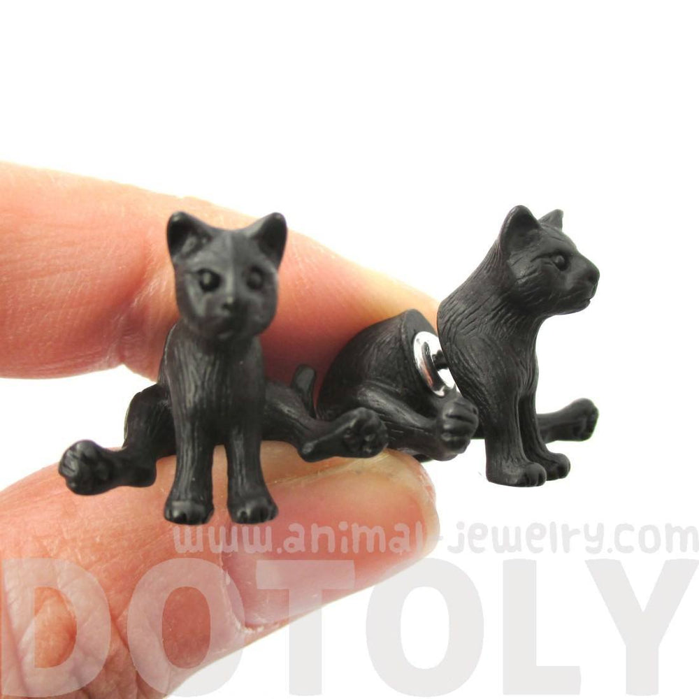 3D Sitting Kitty Cat Shaped Two Part Front Back Stud Earrings in Black | DOTOLY | DOTOLY