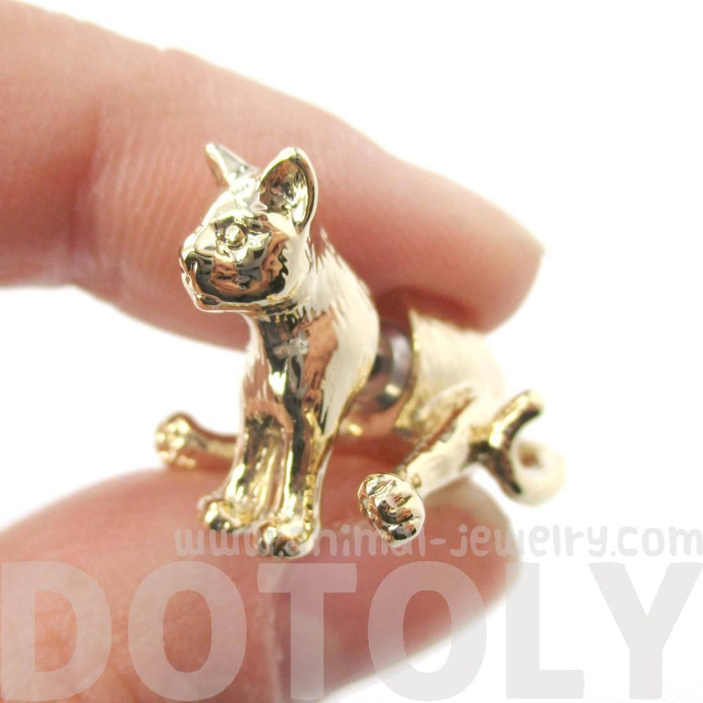 3D Sitting Kitty Cat Shaped Two Part Front Back Stud Earrings in Shiny Gold | DOTOLY | DOTOLY