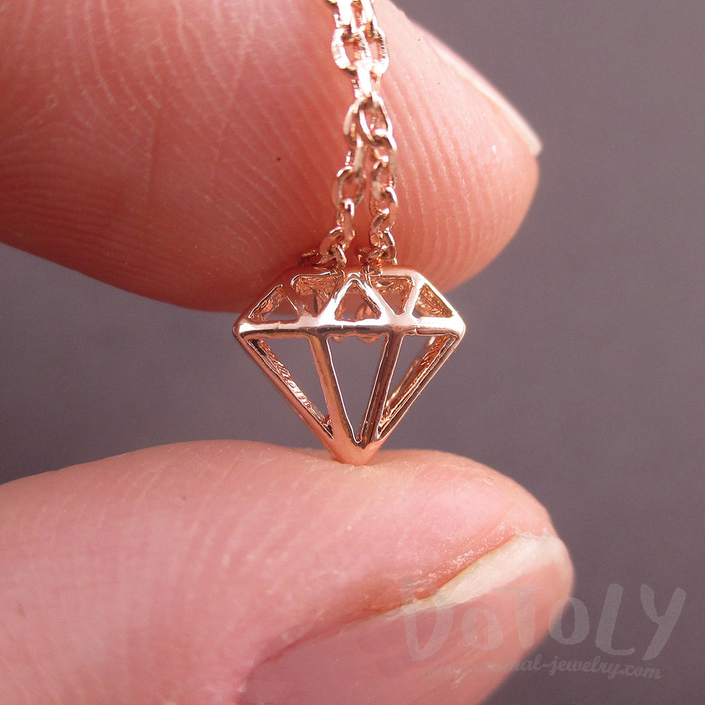 3D Small Diamond Outline Shaped Pretty Pendant Necklace in Rose Gold Hollow