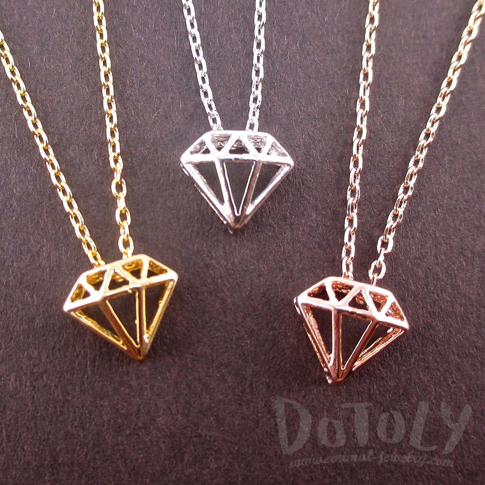 3D Small Diamond Outline Shaped Pretty Pendant Necklace Silver or Gold