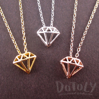 3D Small Diamond Outline Shaped Pretty Pendant Necklace Silver or Gold