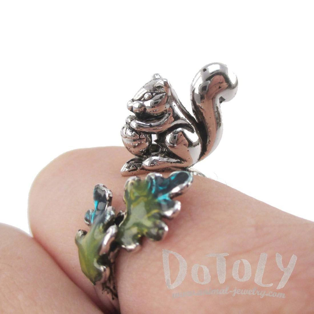 3D Squirrel on a Branch Shaped Adjustable Ring in Silver | DOTOLY