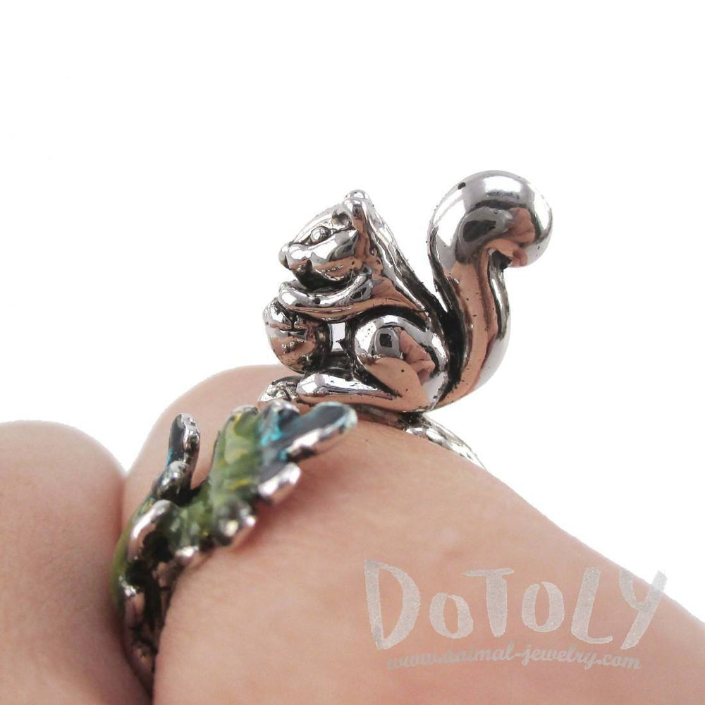 3D Squirrel on a Branch Shaped Adjustable Ring in Silver | DOTOLY