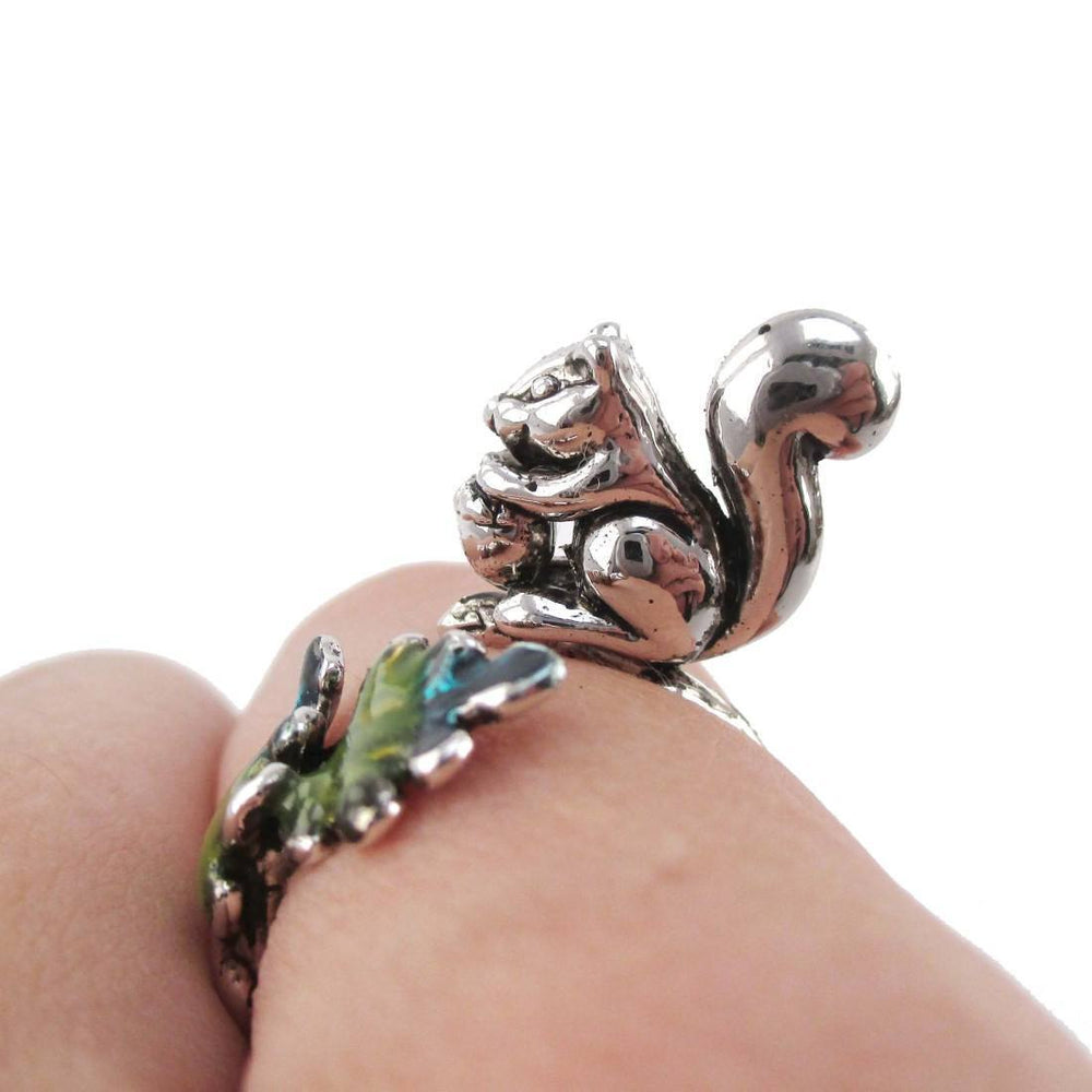 3D Squirrel on a Branch Shaped Adjustable Ring in Silver | DOTOLY