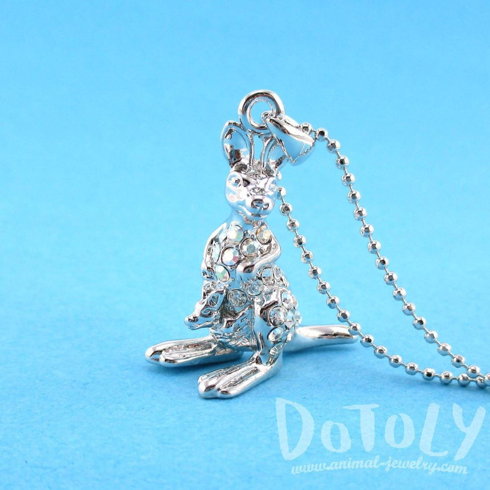 3D Standing Kangaroo Shaped Rhinestone Pendant Necklace in Silver | DOTOLY | DOTOLY