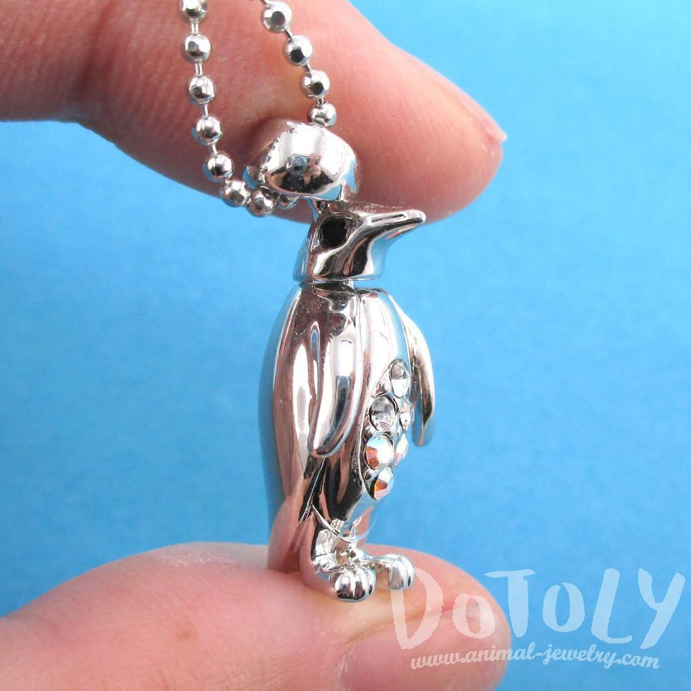 3D Standing Penguin Shaped Rhinestone Pendant Necklace in Silver | DOTOLY | DOTOLY