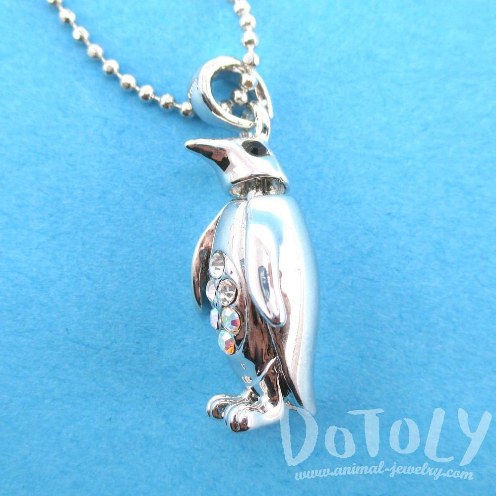 3D Standing Penguin Shaped Rhinestone Pendant Necklace in Silver | DOTOLY | DOTOLY