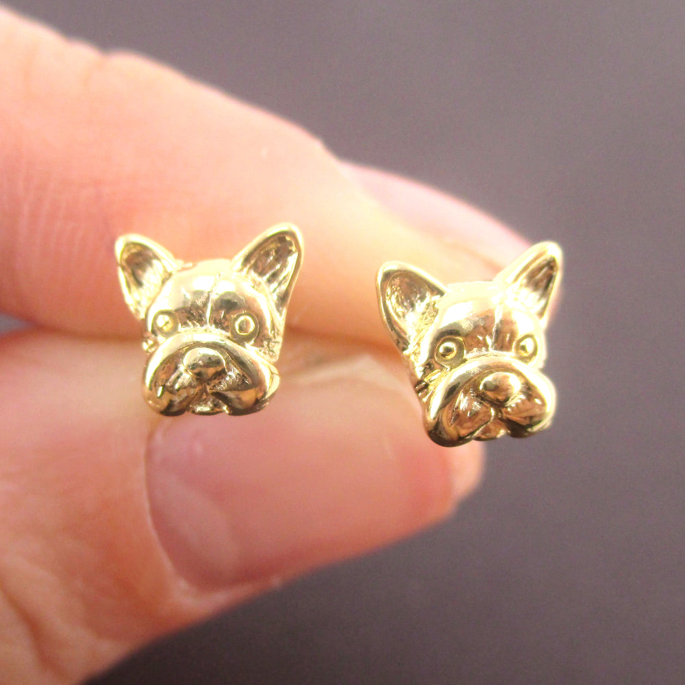 3D Tiny French Bulldog Puppy Dog Face Shaped Stud Earrings | DOTOLY