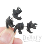 3D Triceratops Dinosaur Shaped Front and Back Stud Earrings in Black