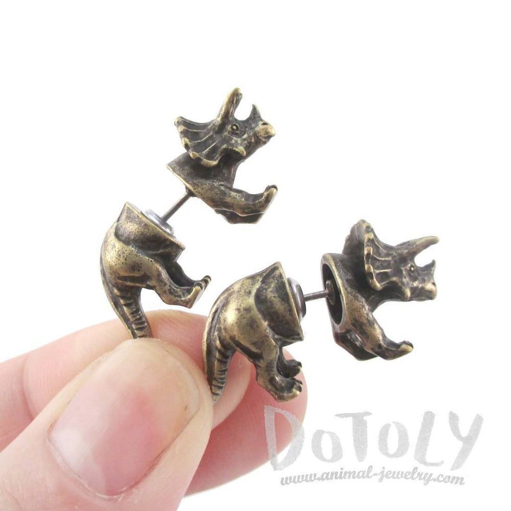 3D Triceratops Dinosaur Shaped Front and Back Stud Earrings in Brass