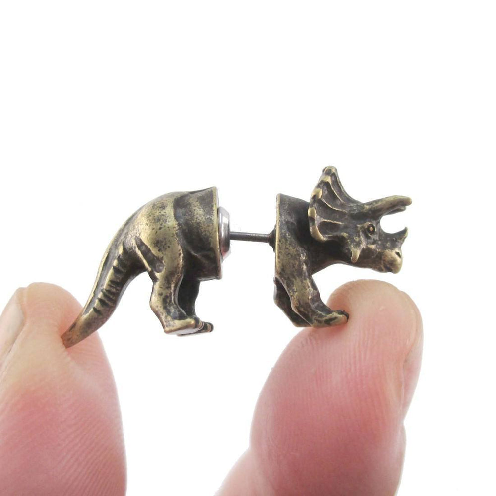 3D Triceratops Dinosaur Shaped Front and Back Stud Earrings in Brass