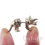 3D Triceratops Dinosaur Front and Back Stud Earrings in Shiny Gold
