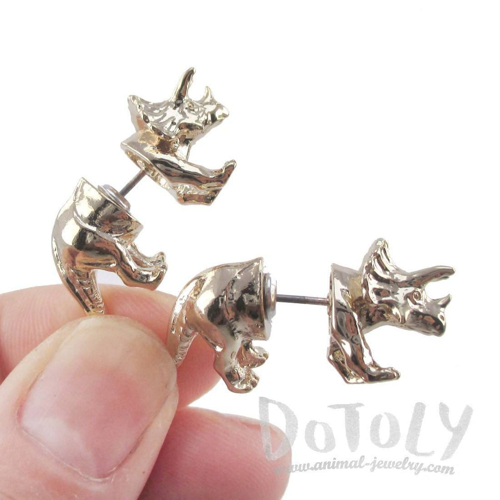 3D Triceratops Dinosaur Front and Back Stud Earrings in Shiny Gold