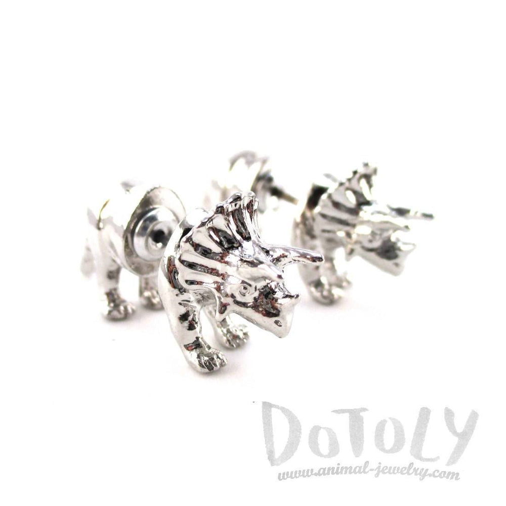 3D Triceratops Dinosaur Shaped Two Part Stud Earrings in Shiny Silver