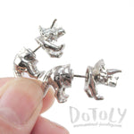 3D Triceratops Dinosaur Shaped Two Part Stud Earrings in Shiny Silver