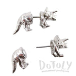 3D Triceratops Dinosaur Shaped Two Part Stud Earrings in Shiny Silver