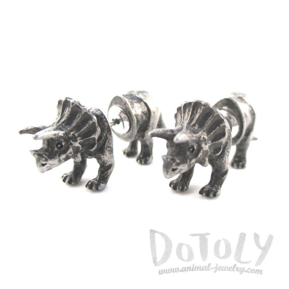 3D Triceratops Dinosaur Shaped Front and Back Stud Earrings in Silver