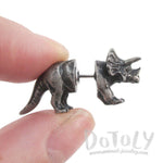 3D Triceratops Dinosaur Shaped Front and Back Stud Earrings in Silver