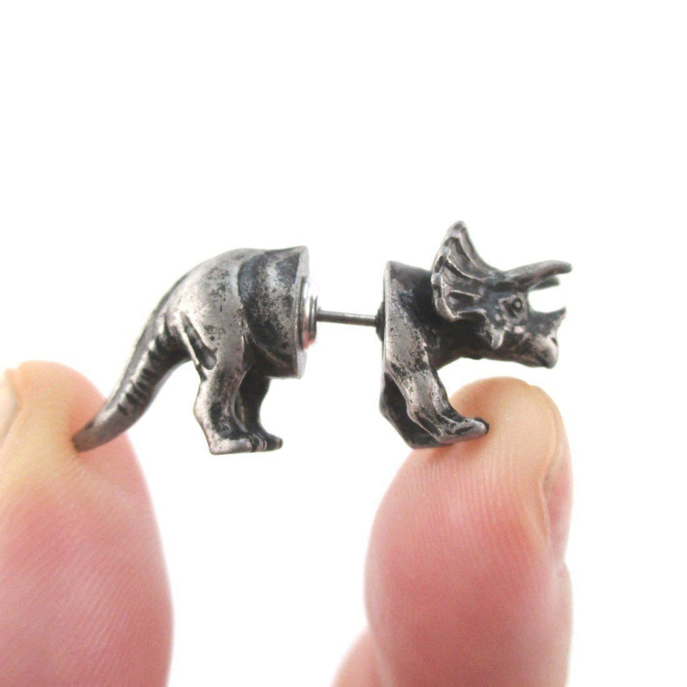 3D Triceratops Dinosaur Shaped Front and Back Stud Earrings in Silver