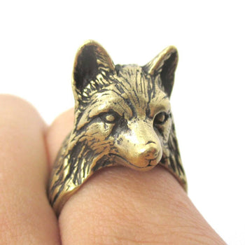 3D Unisex Wolf Face Shaped Animal Ring in Brass | US Size 6 to 10 | DOTOLY