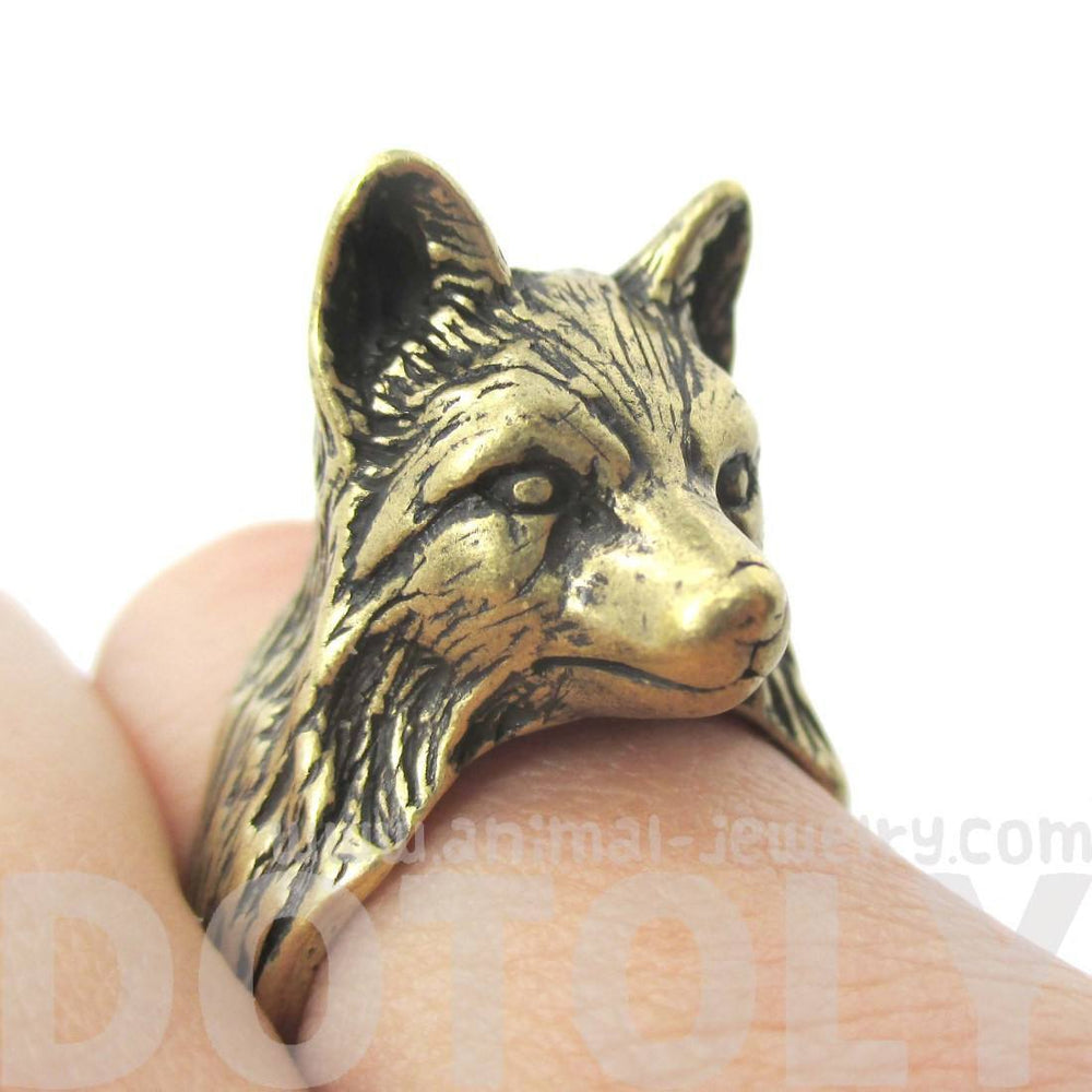 3D Unisex Wolf Face Shaped Animal Ring in Brass | US Size 6 to 10 | DOTOLY