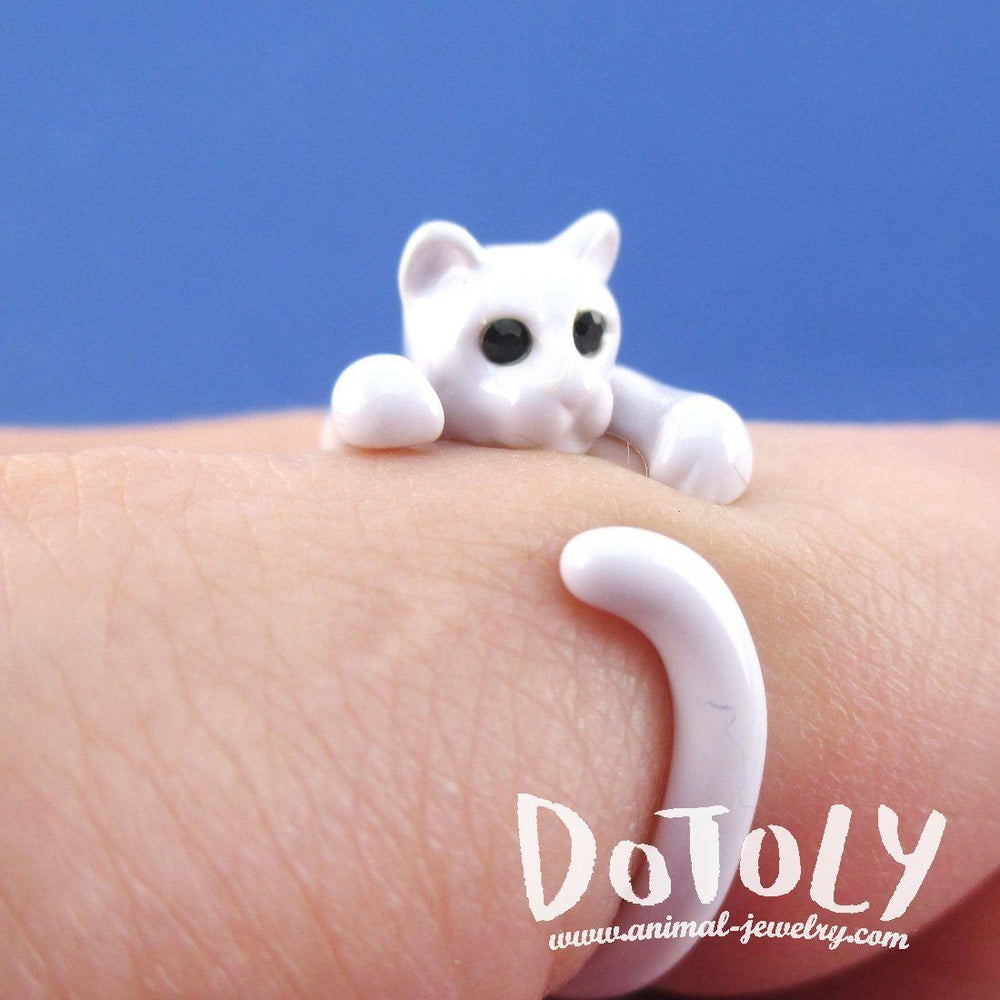 3D White Kitty Cat Wrapped Around Your Finger Shaped Animal Ring