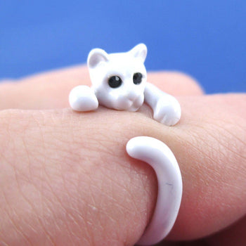 3D White Kitty Cat Wrapped Around Your Finger Shaped Animal Ring