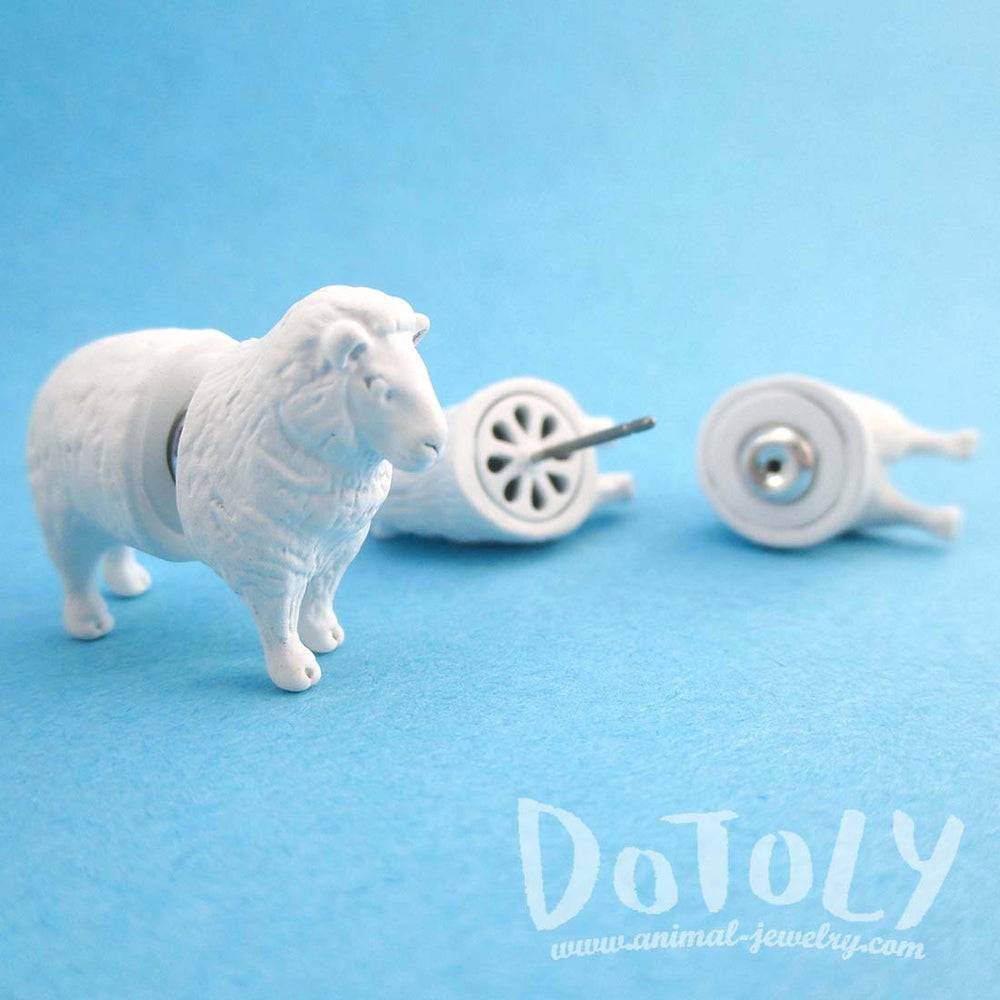 3D White Sheep Shaped Two Part Front Back Stud Earrings | DOTOLY