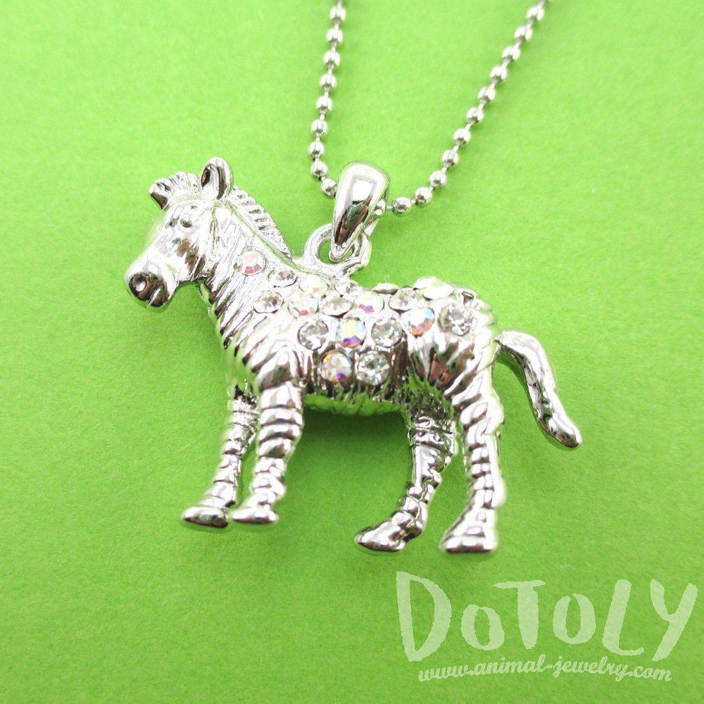 3D Zebra Shaped Rhinestone Pendant Necklace in Silver | Animal Jewelry | DOTOLY