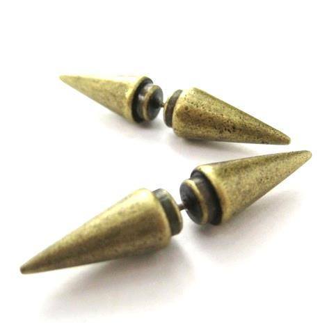 Fake Gauge Earrings: Rocker Chic Geometric Spike Faux Plug Stud Earrings in Brass | DOTOLY