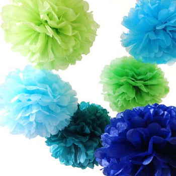 8 Tissue Paper Pom Pom Ready To Ship Package | Shades of Blue & Green | Wedding Party Decor | DOTOLY