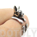 Realistic Boston Terrier Puppy Shaped Animal Wrap Ring in Shiny Silver | US Sizes 5 to 9 | DOTOLY