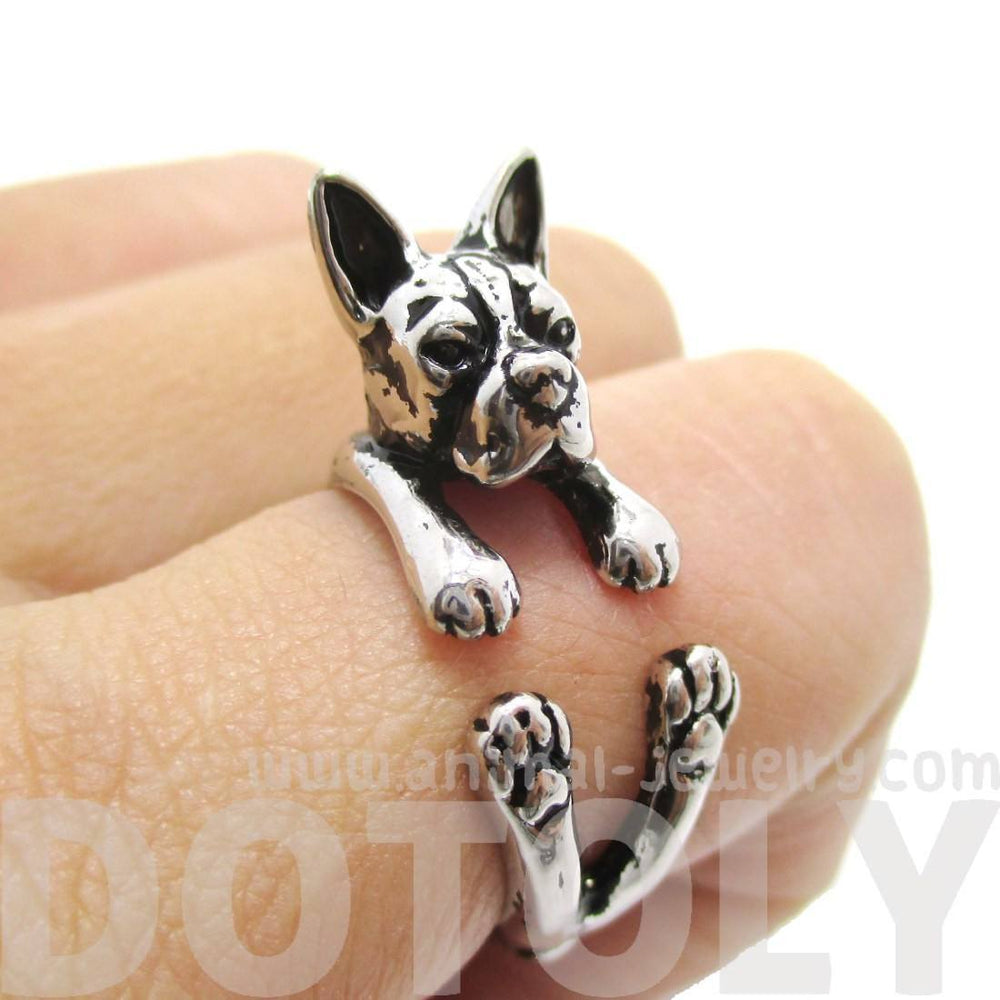 Realistic Boston Terrier Puppy Shaped Animal Wrap Ring in Shiny Silver | US Sizes 5 to 9 | DOTOLY