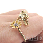 Leaping Bunny Rabbit and Flower Wrap Around Adjustable Ring in Gold | DOTOLY
