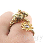 Leaping Bunny Rabbit and Flower Wrap Around Adjustable Ring in Gold | DOTOLY