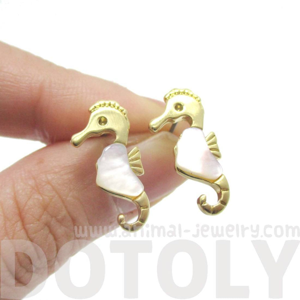 Seahorse Shaped Animal Themed Stud Earrings in Gold with Pearl Detail | DOTOLY | DOTOLY