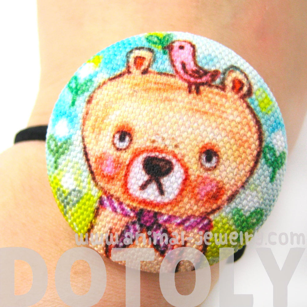 Hand Drawn Teddy Bear Animal Themed Button Hair Tie Pony Tail Holder | DOTOLY