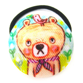 Hand Drawn Teddy Bear Animal Themed Button Hair Tie Pony Tail Holder | DOTOLY