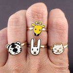 Cute Bunny Tiger Giraffe Cat Shaped 4 Piece Adjustable Animal Ring Set