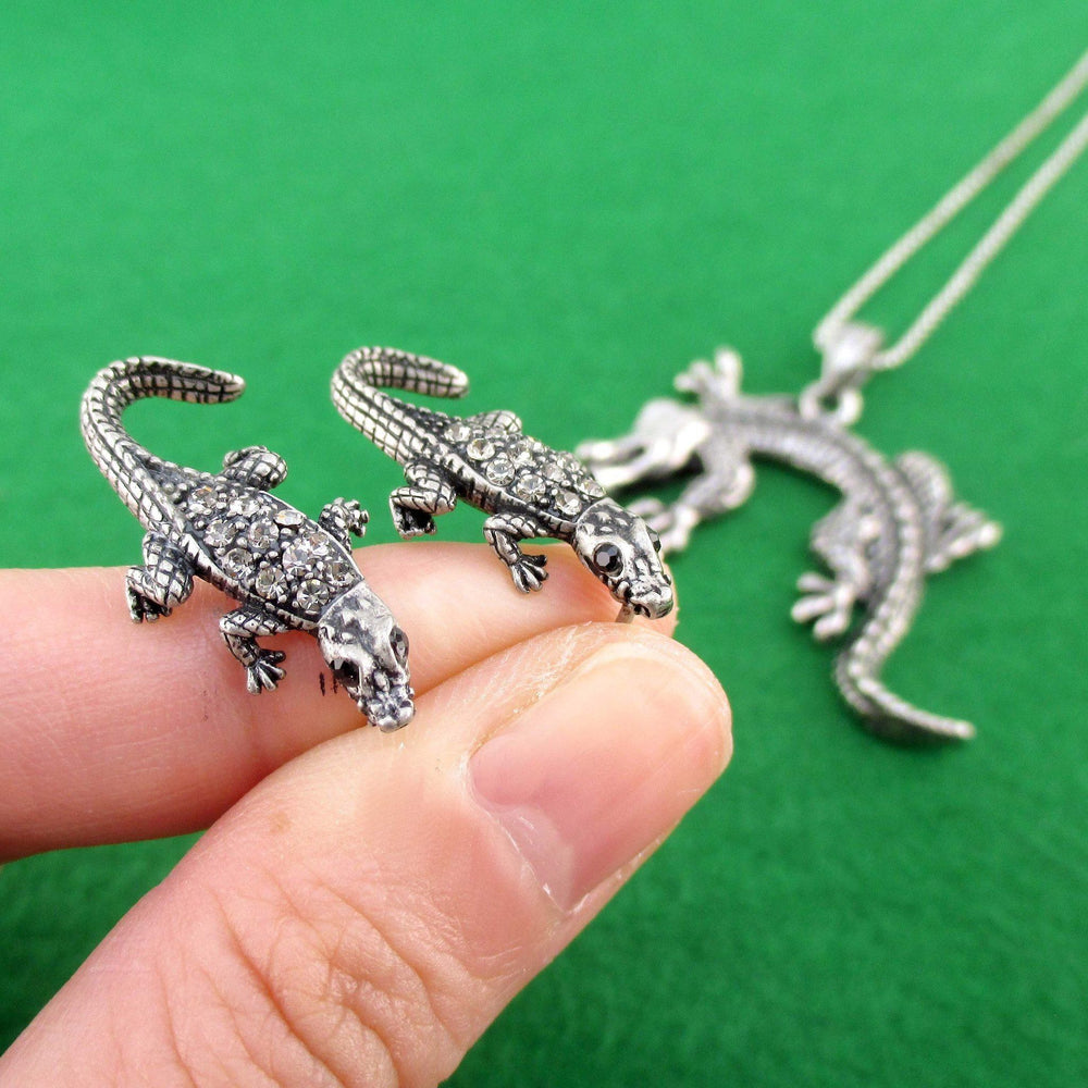 Crocodile Alligator Themed Necklace and Stud Earring Set in Silver | DOTOLY