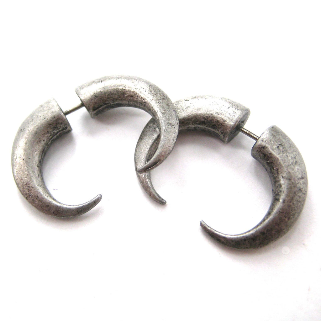 Fake Gauge Earrings: Rocker Chic Spike Hook Faux Plug Stud Earrings in Silver