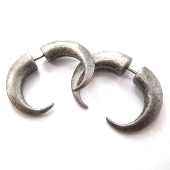 Fake Gauge Earrings: Rocker Chic Spike Hook Faux Plug Stud Earrings in Silver | DOTOLY